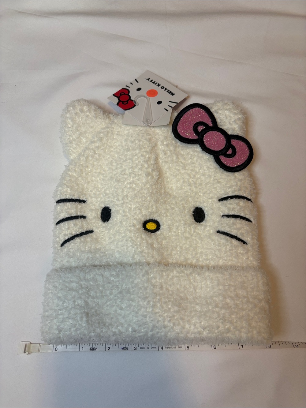 Sparkly Bow Kitten Ears Hello Kitty Face Beanie Plush Soft Fluffy Fleece NWT